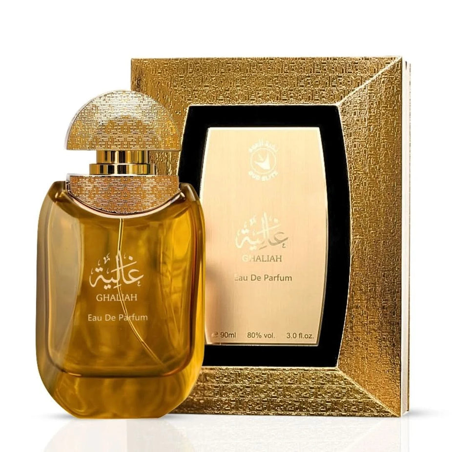 Ghaliah Eau de Parfum spray by Oud Elite, 100ml bottle with elegant design, showcasing the luxurious fragrance.