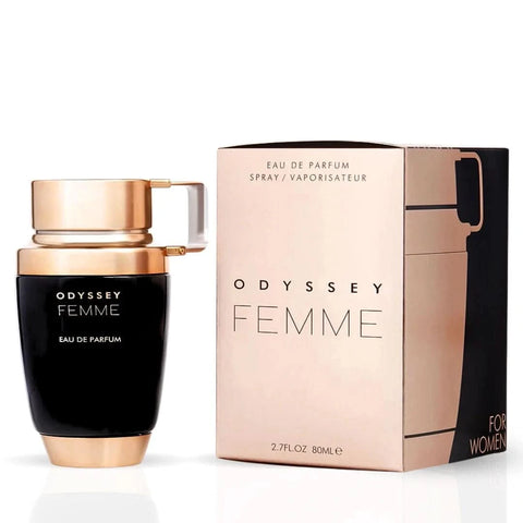 Odyssey Femme Eau de Parfum spray by Armaf, 100ml bottle, elegant packaging, showcasing the perfume bottle with a sleek design.