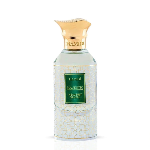 Hamidi Majestic Heavenly Santal Eau de Parfum spray bottle with velvet pouch, 85ml, featuring elegant packaging and a luxurious scent.