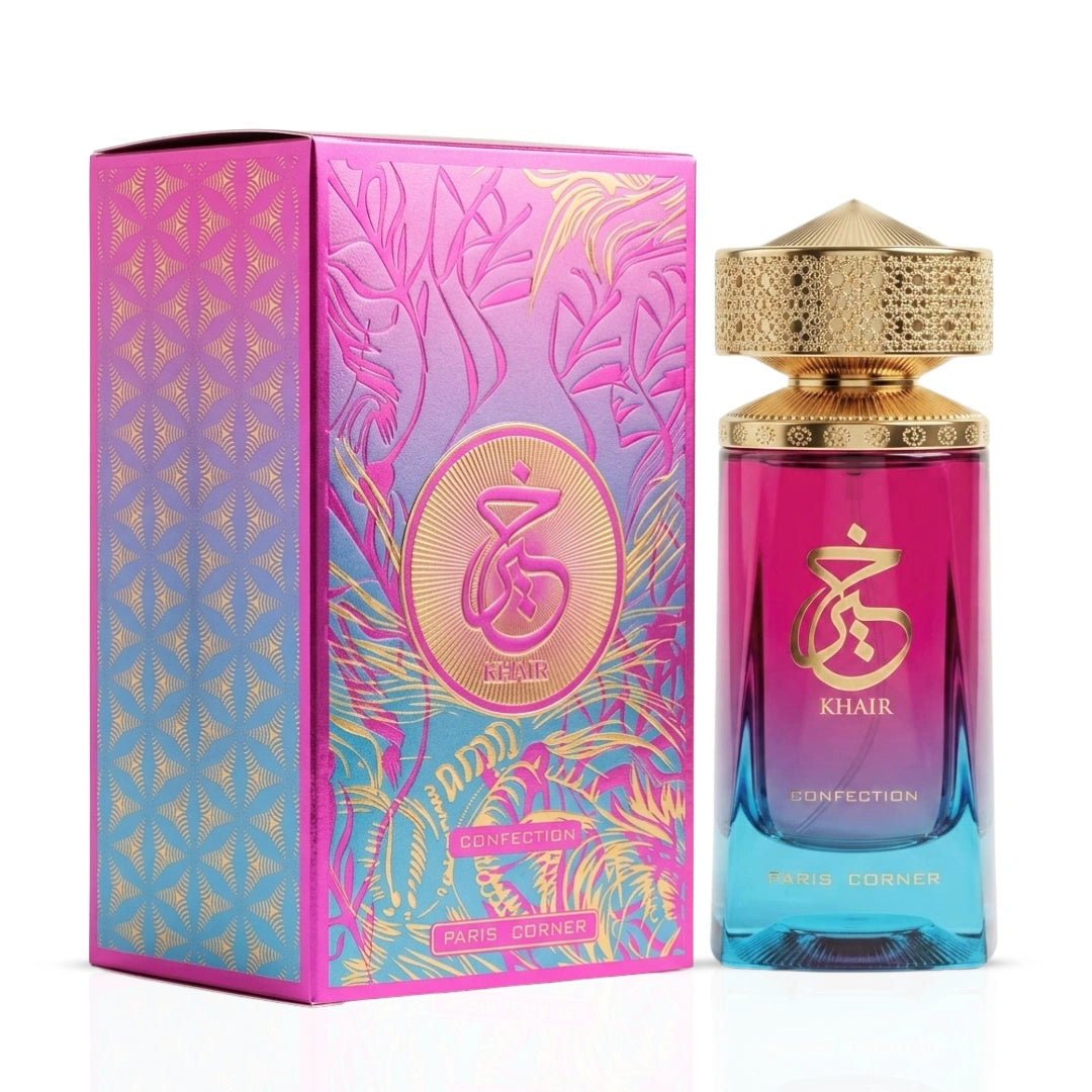 Paris Corner Khair Confection Eau de Parfum spray 100ml bottle, elegant perfume with floral and fruity notes, stylish packaging.