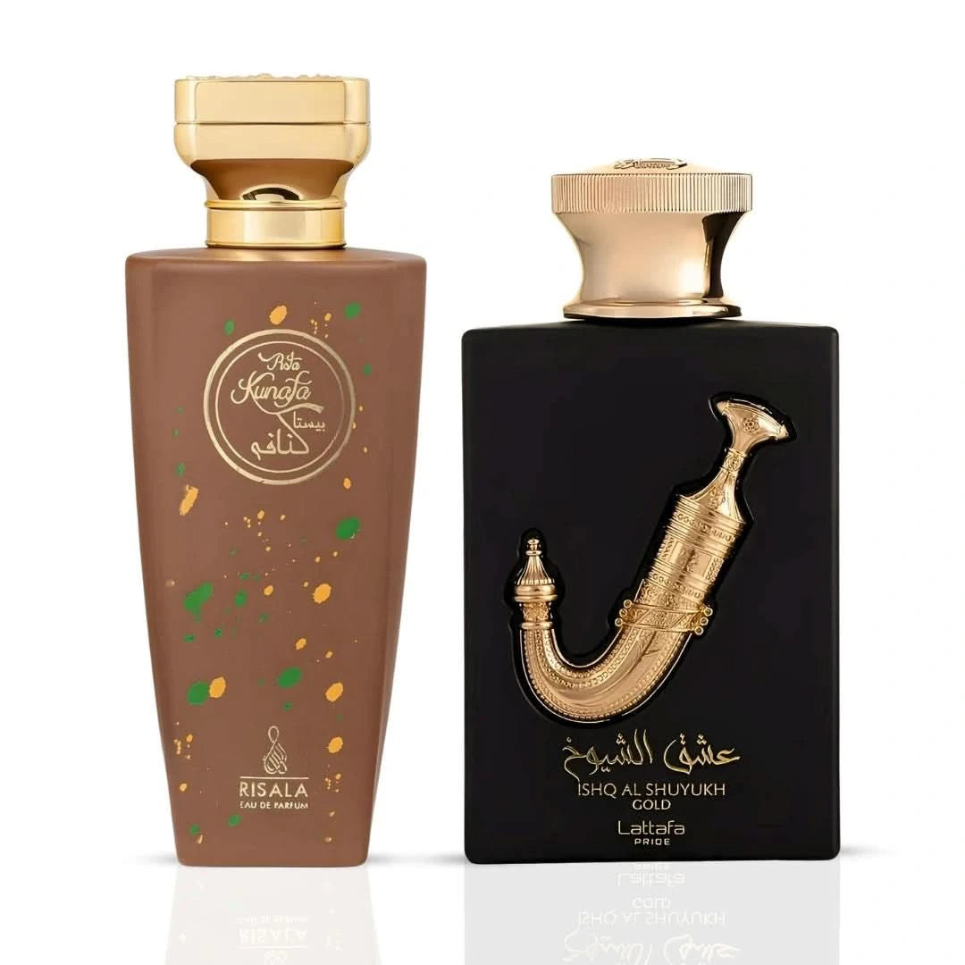 Bundle of Risala Pista Kunafa and Lattafa Ishq Al Shuyukh Gold Eau de Parfum sprays, 100ml, featuring elegant perfume bottles.