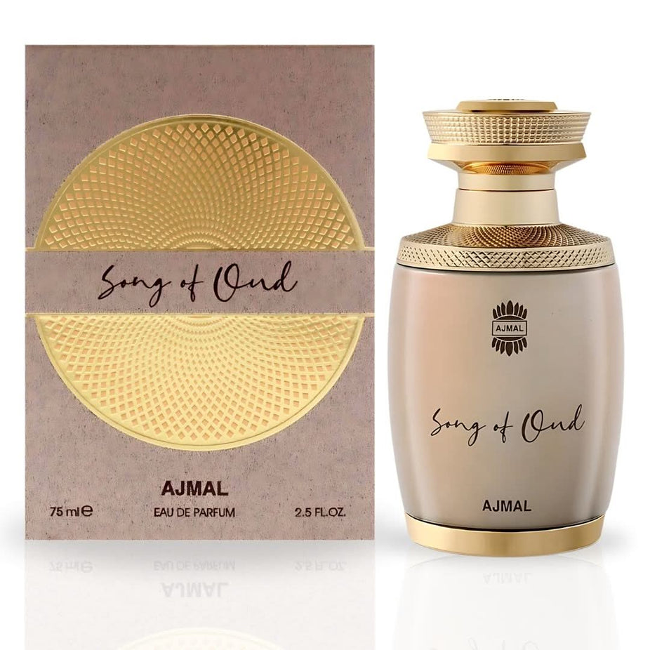 Ajmal Song of Oud EDP spray 75ML bottle with floral and luxurious scent, showcasing elegant perfume design.