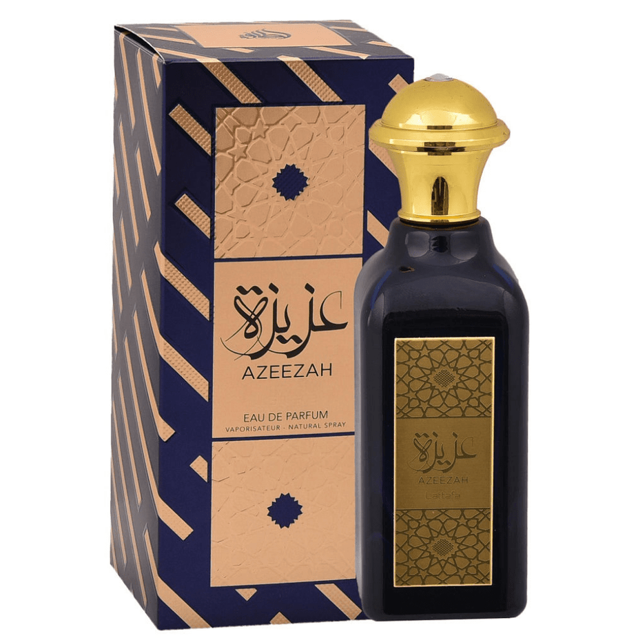 Lattafa Azeezah Eau De Parfum 100ML bottle with elegant packaging, showcasing a luxurious fragrance for women.