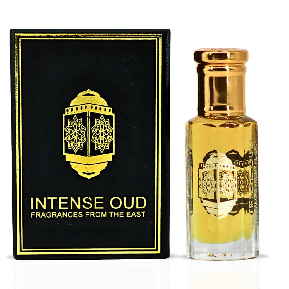 Nayel Perfume Oil by Intense Oud in 12ml bottle, displayed with black gift box, showcasing the luxurious loose oil scent.