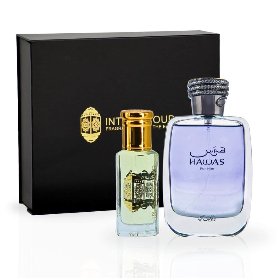 Intense Oud Hawas for Men Eau de Parfum 100ml and Oudh Malak Perfume Oil 12ml gift set in a magnetic box, featuring elegant fragrance bottles.