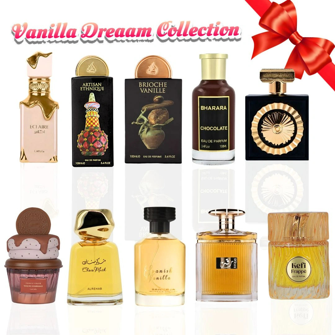 Eclaire, Artisan Ethnique, brioche vanilla, cookie crave & Nebras, Chocomusk & sapnish vanilla by Al Rehab, riqqa by Ard Al Zafaran, bharara chocolate by Bharara & kefi Frappe by Risala- Eau de Parfum Sprays 100ml (3.4 oz)(Bundle)
