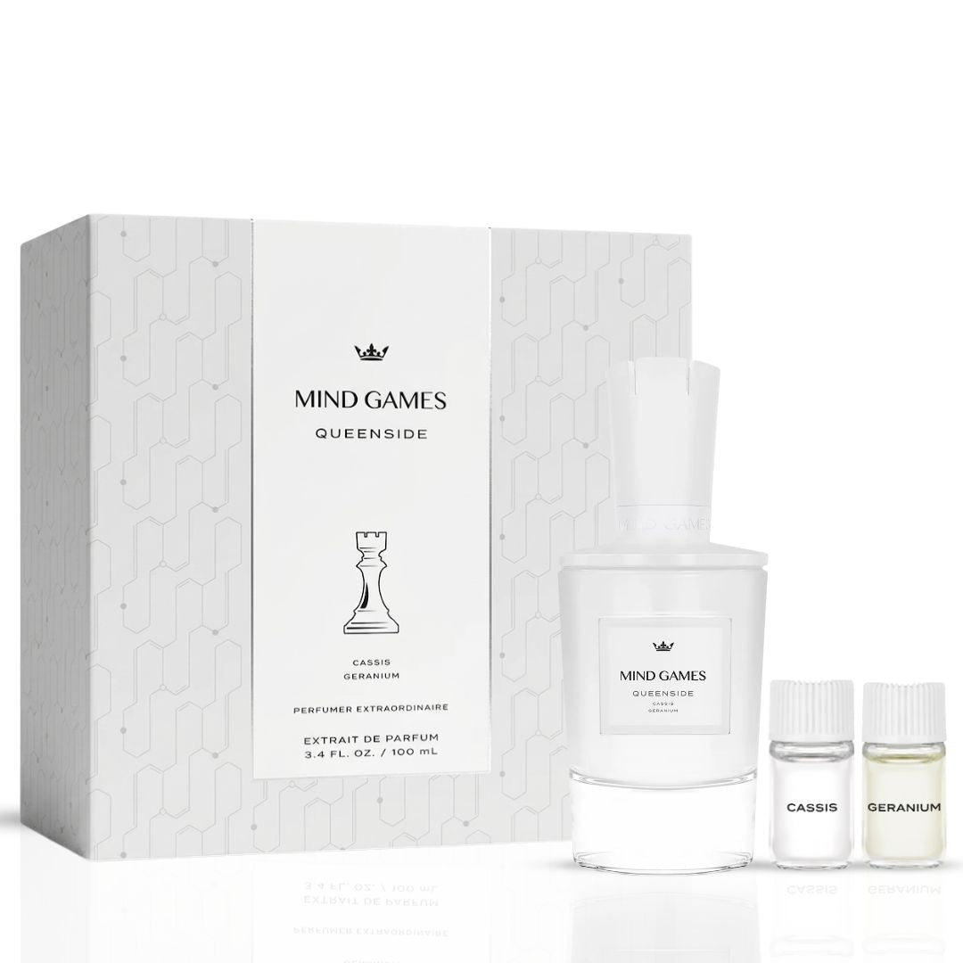 Queenside Extrait de Parfum by Mind Games in a 100ml bottle, showcasing the elegant glass flacon of this luxurious EDP.