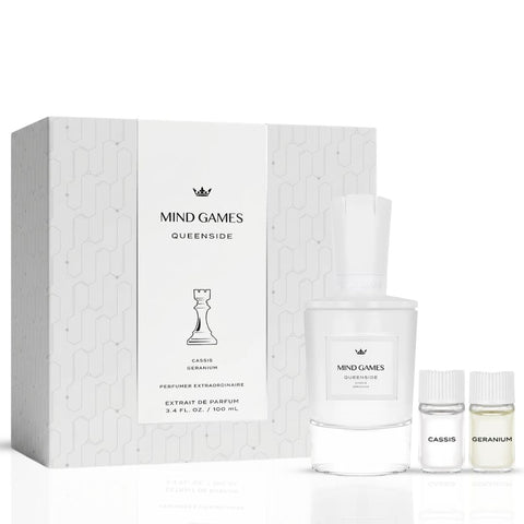 Queenside Extrait de Parfum by Mind Games in a 100ml bottle, showcasing the elegant glass flacon of this luxurious EDP.