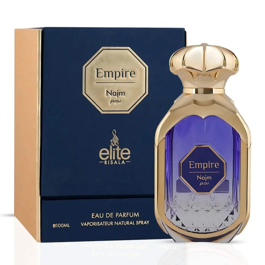 Empire Najm Eau de Parfum spray by Elite Risala, 100ml bottle, featuring elegant packaging and a luxurious fragrance.