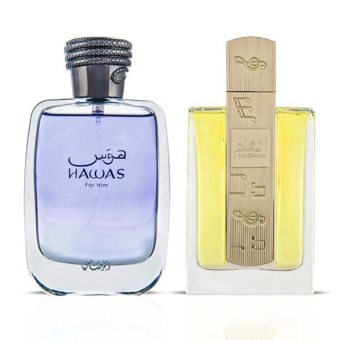 Bundle of Hawas for Him by Rasasi and Angham by Lattafa Eau de Parfum sprays, 100ml bottles, from Intense Oud.