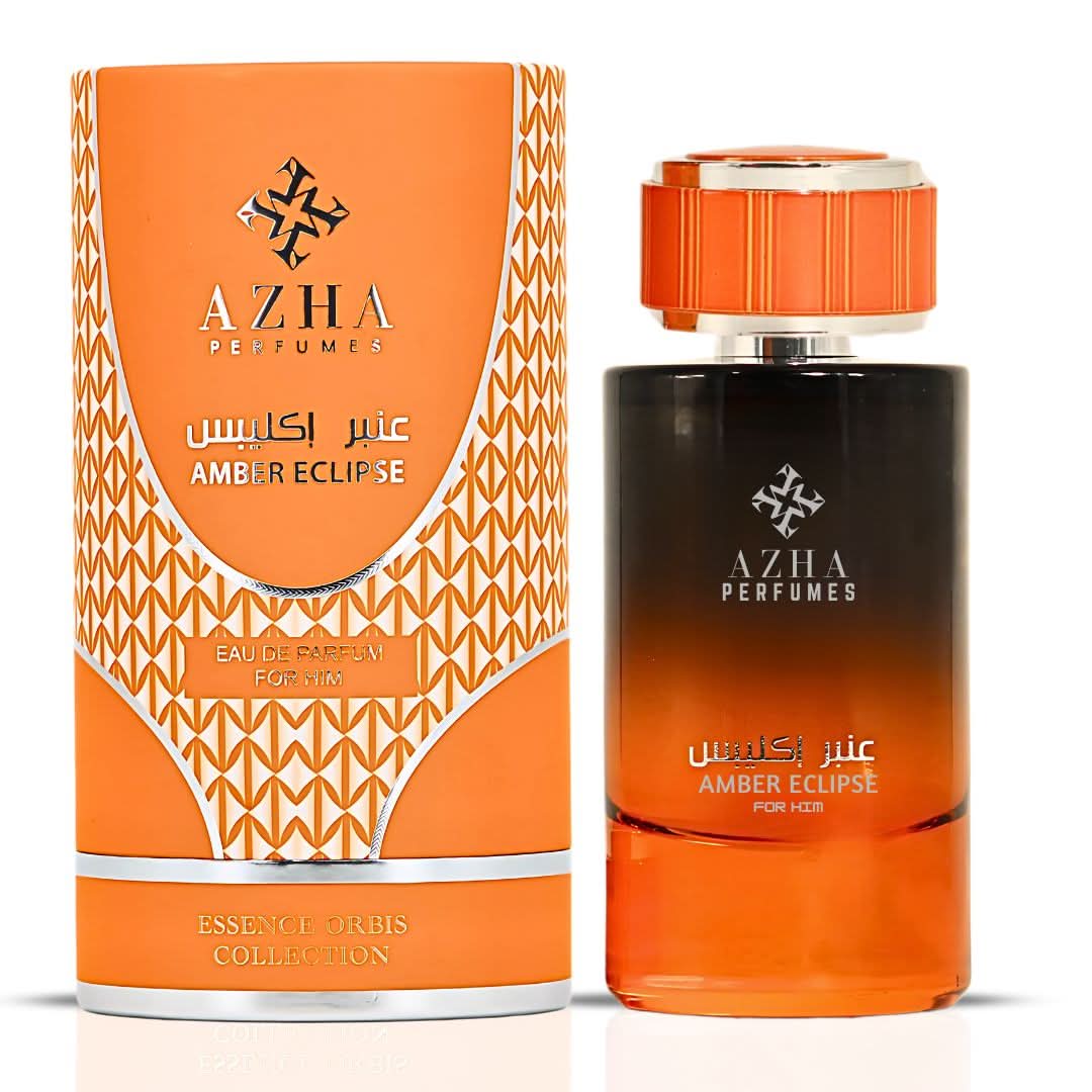Amber Eclipse For Him Eau de Parfum spray by AZHA, 100ml, featuring amber and woody scent notes in a sleek bottle.
