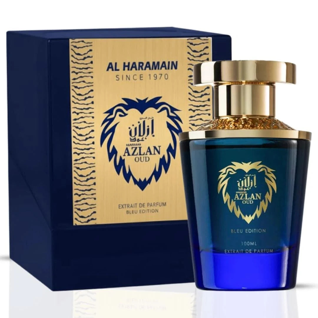 Al Haramain Azlan Oud Bleu Edition Extrait de Parfum spray bottle, 100ml, with elegant packaging and dark blue accents.
