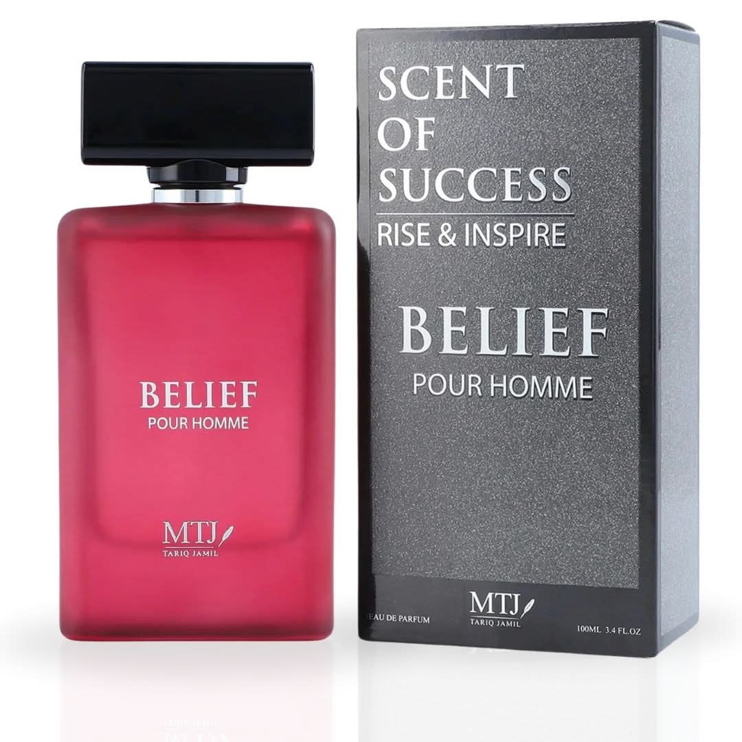MTJ Belief Pour Homme EDP spray 100ML featuring floral, exotic spices, and warm notes in a sleek perfume bottle.