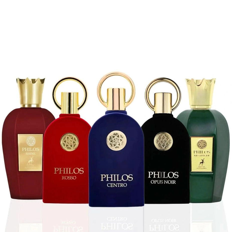 Assorted Maison Alhambra Philos Eau de Parfum sprays including Philos Centro, Messenger, Opus Noir, Rosso, and Shine in 100ml bottles.