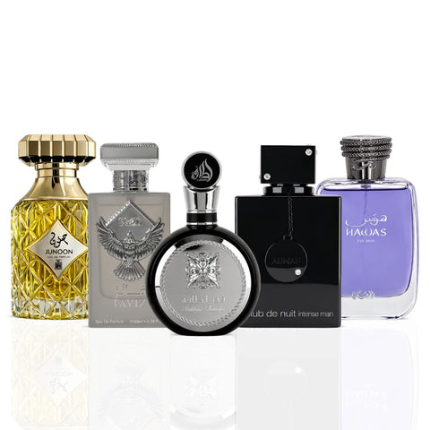 Fakhar Men by Lattafa, Fayiz & Hawas Men by Rasasi, Club de nuit Intense Men by Armaf & Junoon Desire by Aura by Aura Eau de Parfum Sprays 100ml (Bundle)
