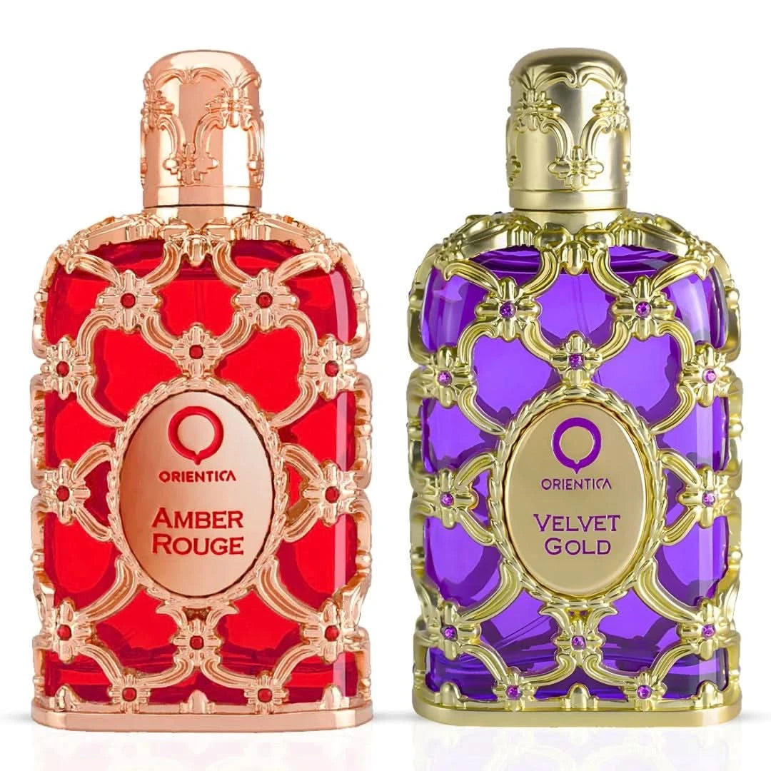 Amber Rouge & Velvet Gold Eau de Parfum sprays by Orientica, 80ml bottles, featuring elegant packaging and luxurious fragrance design.