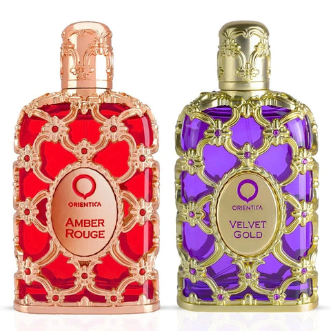Amber Rouge & Velvet Gold Eau de Parfum sprays by Orientica, 80ml bottles, featuring elegant packaging and luxurious fragrance design.