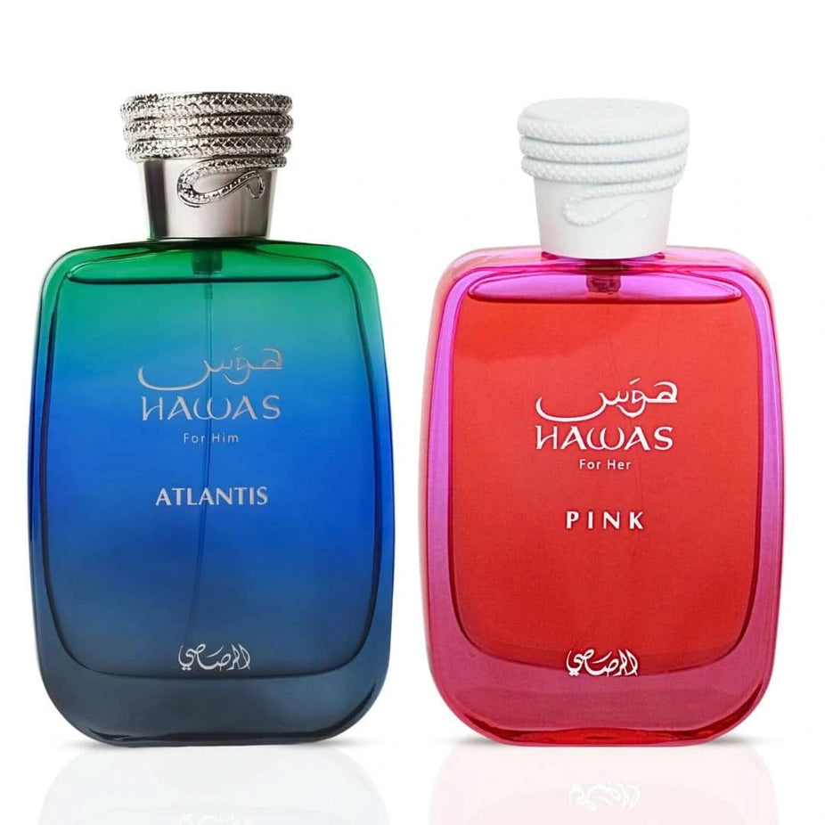 Rasasi Hawas Atlantis for Him and Hawas Pink for Her 100ml perfume spray bundle showing sleek bottles with elegant packaging.