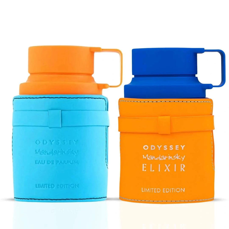 Bundle of two Odyssey Mandarin Sky Eau de Parfum sprays by Armaf, featuring sleek 100ml bottles with vibrant citrus-inspired design.