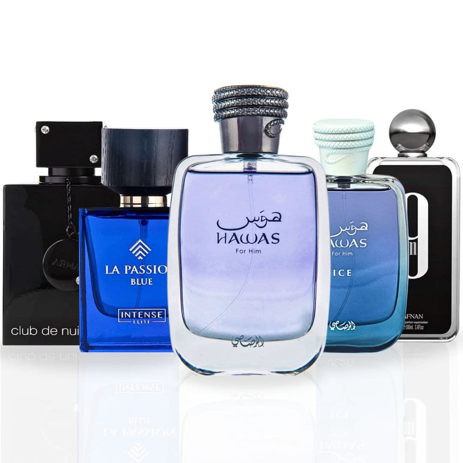 Intense Oud Hawas Men Eau De Parfum spray bottle, Hawas Ice, 9PM, Club De Nuit Intense, and La Passion Blue fragrances for men.