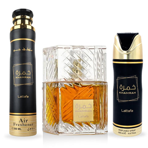 Khamrah Gift Set EDP - 100ML, Perfumed Spray 200ML, Air Freshener 300ML | Gift Set by Lattafa - Intense Oud