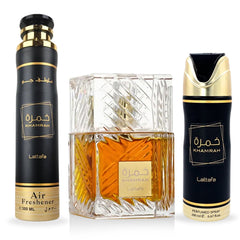 Khamrah Gift Set EDP - 100ML, Perfumed Spray 200ML, Air Freshener 300ML | Gift Set by Lattafa - Intense Oud