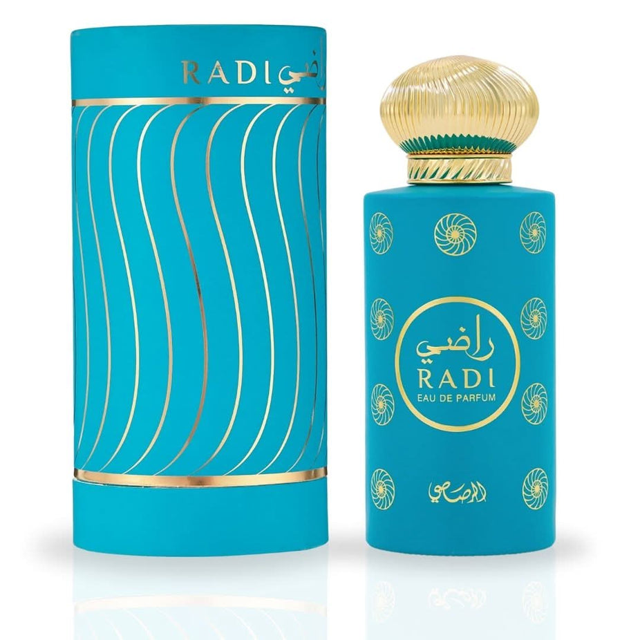 Rasasi Radi Eau De Parfum spray 100ML with floral and fruity notes, showcasing the luxurious unisex fragrance bottle.