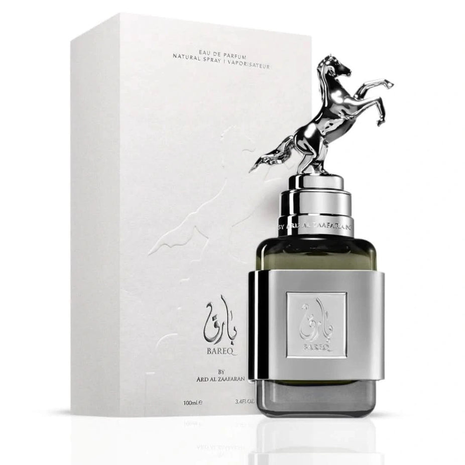 Ard Al Zaafaran Bareq Eau de Parfum spray bottle, 100ml, with elegant packaging and fragrance details visible.