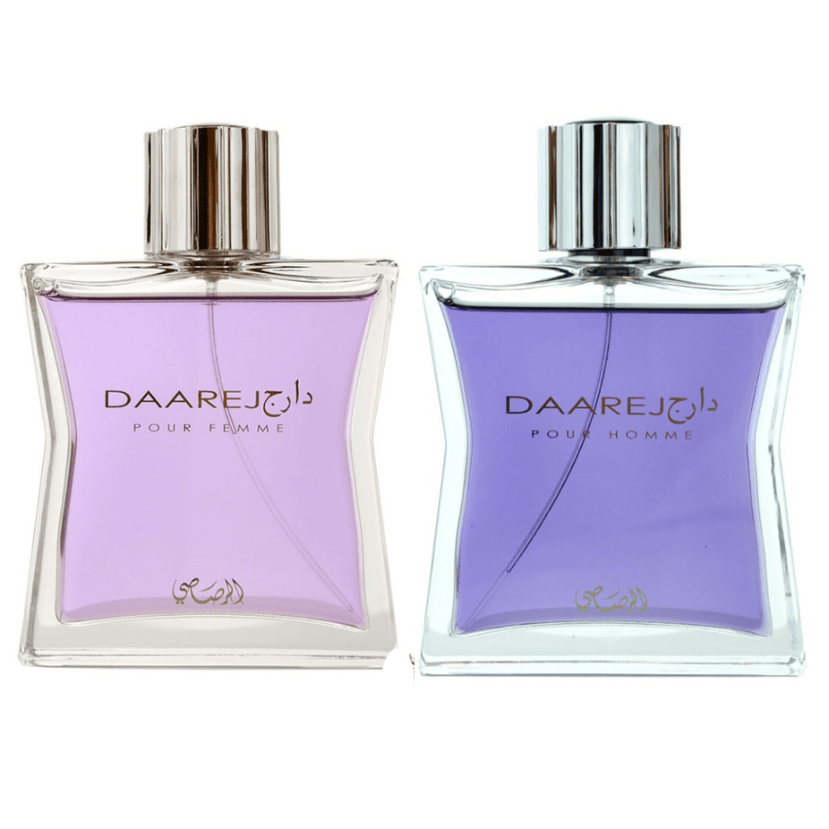 Rasasi Daarej EDP couple set for men and women, 100ml bottles, featuring elegant packaging and branding.