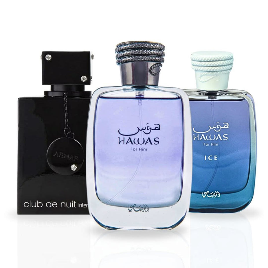 Intense Oud Hawas Ice and Club De Nuit Intense Eau De Parfum sprays for men in a value pack, featuring sleek fragrance bottles.