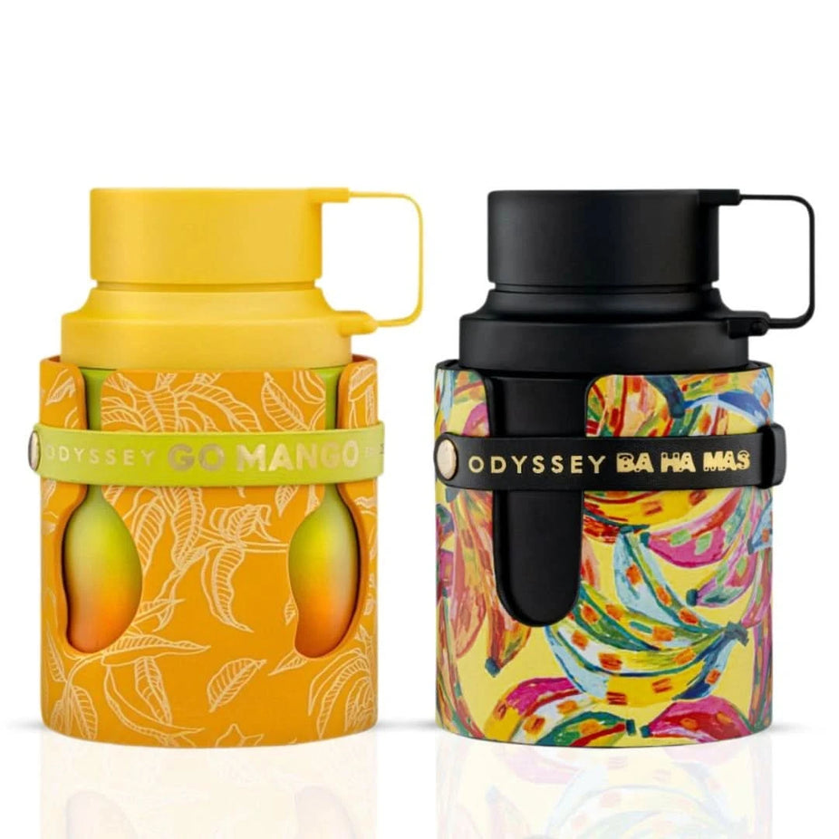 Bundle of Armaf Odyssey Go Mango and Ba Ha Mas Eau de Parfum sprays, 100ml each, featuring colorful bottles and elegant design.