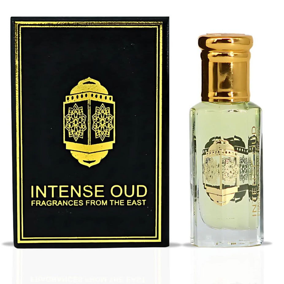 Amber Rose perfume oil in a 12ml black gift box by Intense Oud, featuring a sleek black bottle with gold accents.