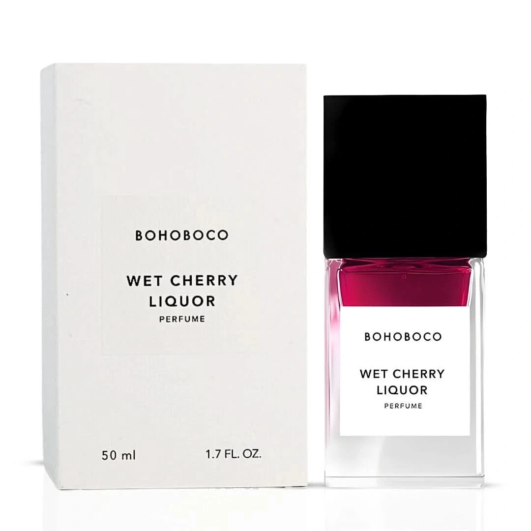 Bohoboco Wet Cherry Liquor Eau de Parfum spray bottle, 50ml, with elegant packaging and cherry-themed design.