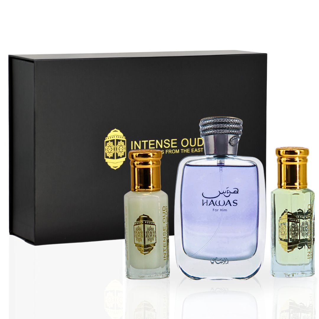 Hawas for Men EDP Spray 100ML (3.4 OZ) & Musk Tahara Perfume Oil 12ML (0.4 OZ) & Oudh Malak Perfume Oil 12ML (0.4 OZ) With Magnetic Gift Box | Redefine Your Aura With These Scents. - Intense Oud