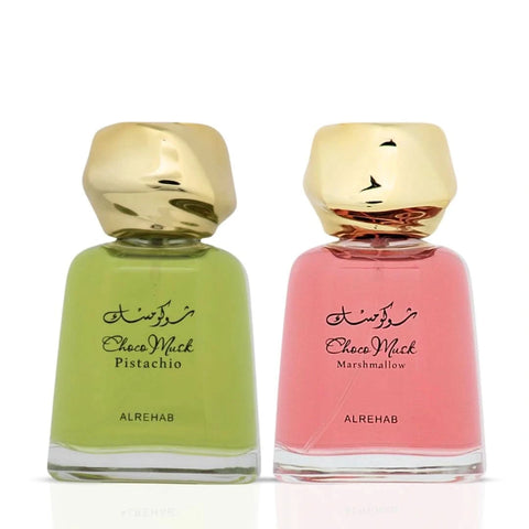 Al Rehab Choco Musk Pistachio and Marshmallow Eau de Parfum sprays bundle, 100ml bottles with elegant packaging, fresh and sweet scents.