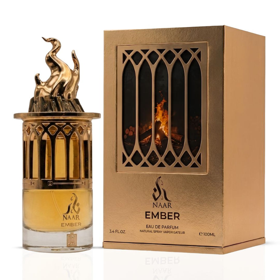 Aura by Aura Naar Ember Eau de Parfum spray 100ml bottle with elegant design and metallic accents on a white background.