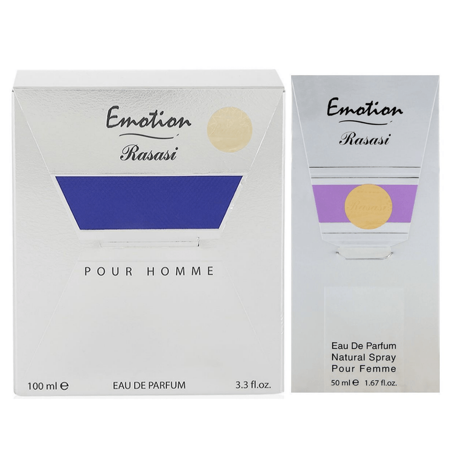 Rasasi Emotion EDP couple perfume set with 100ml bottles for men and women, featuring elegant branding and packaging.