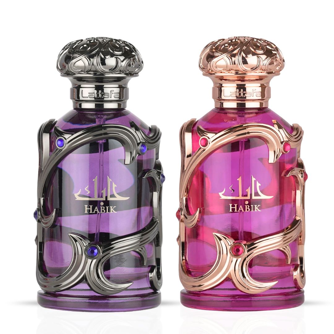Habik Men & Habik Women Eau de Parfum Sprays 100ml (3.4 oz) by Lattafa | Two Fragrances, One Irresistible Chemistry (Bundle) - Intense Oud