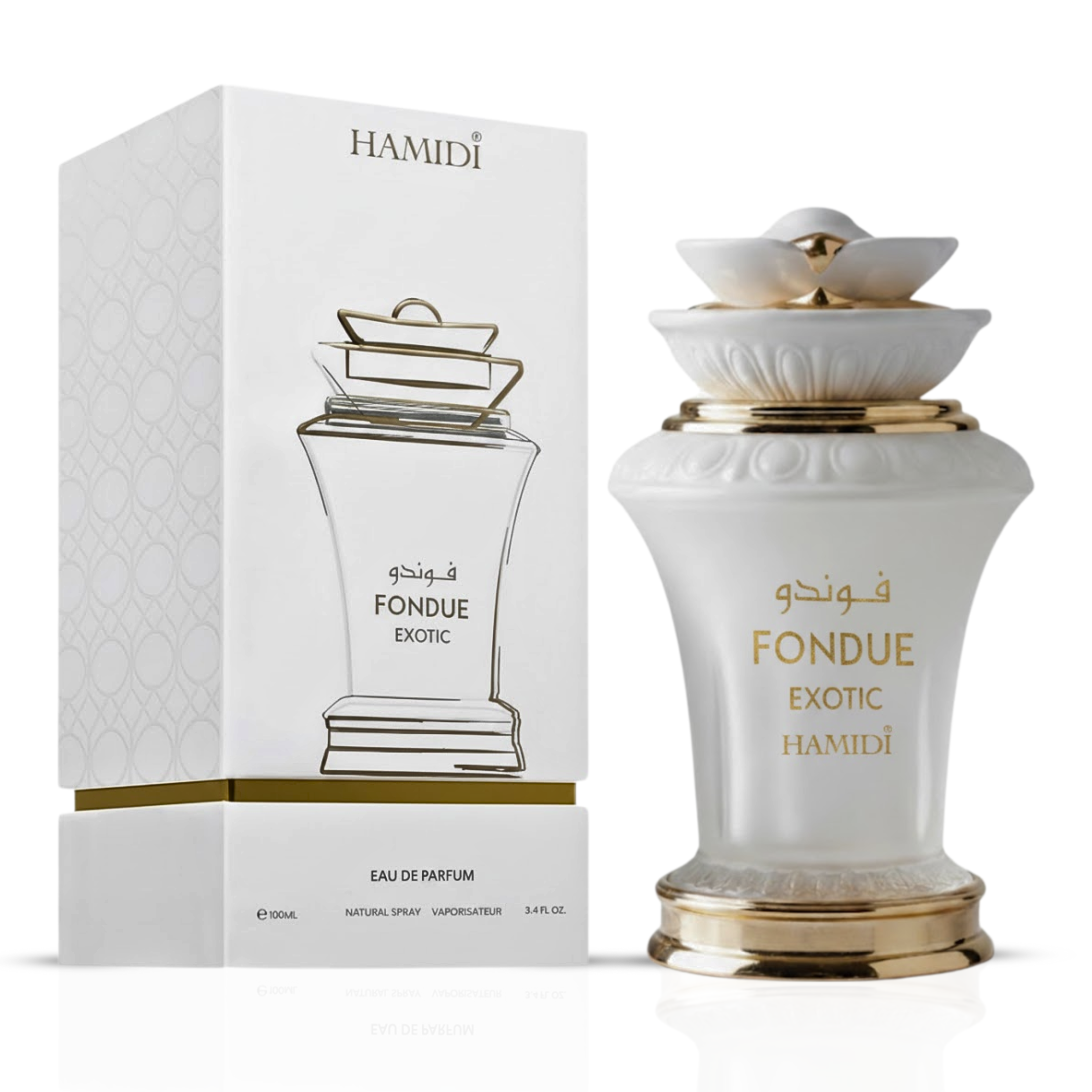 Hamidi Fondue Tropical and Exotic Eau de Parfum sprays in 100ml bundle, featuring elegant bottles with colorful fruit and floral designs.
