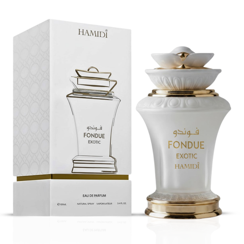 Hamidi Fondue Tropical and Exotic Eau de Parfum sprays in 100ml bundle, featuring elegant bottles with colorful fruit and floral designs.