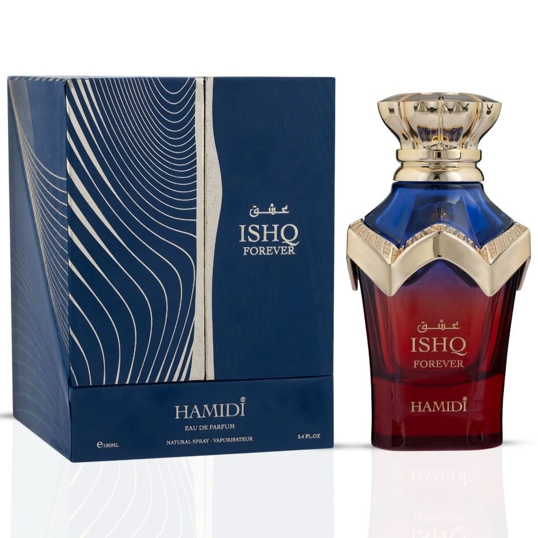 Hamidi Ishq Forever Eau de Parfum spray bottle with elegant packaging, 100ml, showcasing the fragrance design.