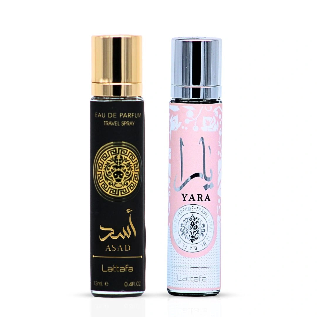 Asad & Yara Eau de Parfum Travel Sprays 12ml by Lattafa | Elevate Any Moment with the Lattafa Travel Duo (Bundle) - Intense Oud