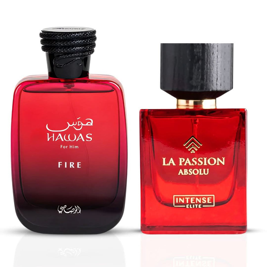 Bundle of 100ml Eau de Parfum sprays featuring Hawas Fire by Rasasi and La Passion Absolu by Intense Elite, with sleek bottle designs.