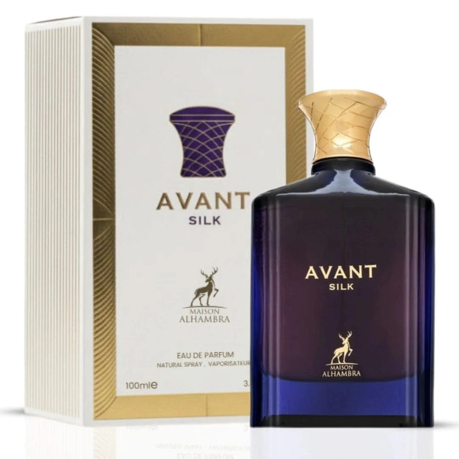 Maison Alhambra Avant Silk Eau de Parfum spray bottle, 100ml, elegant design, showcasing the luxury fragrance.