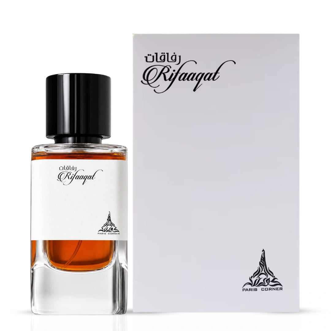 Rifaaqat Eau de Parfum spray by Paris Corner, 80ml bottle with elegant packaging, showcasing the fragrance design.