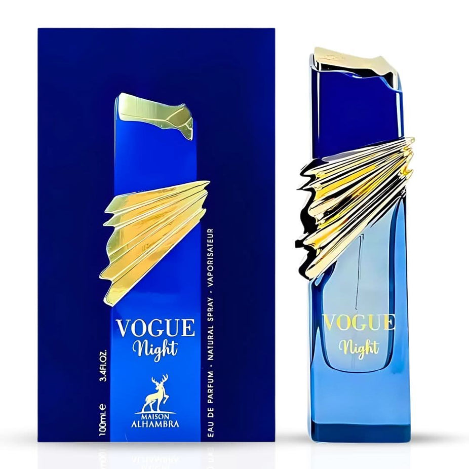 Maison Alhambra Vogue Night Eau de Parfum spray 100ml bottle with elegant packaging and dark-colored cap.