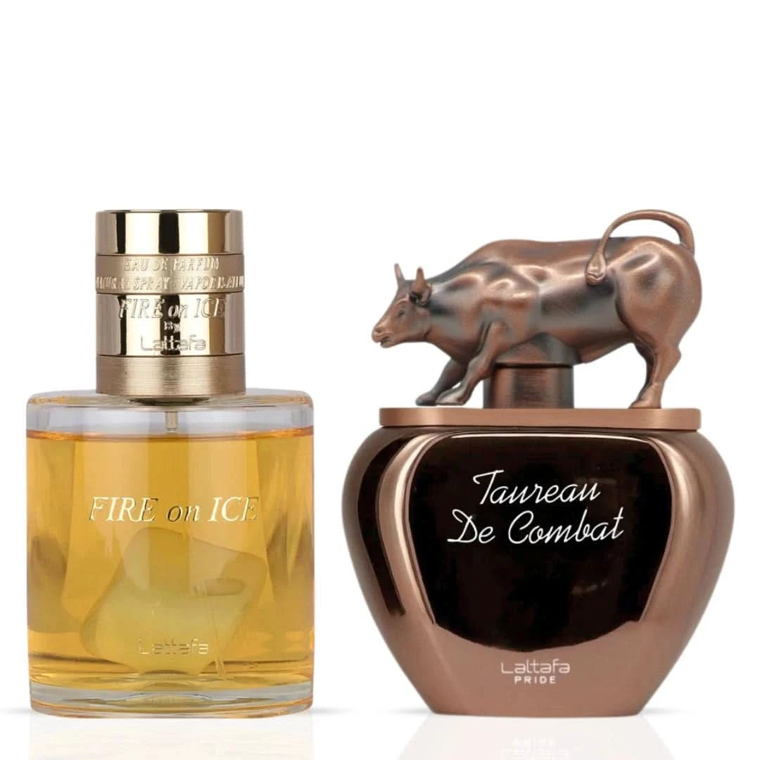 Lattafa Fire On Ice and Taureau De Combat Eau de Parfum spray bundle, 110ml and 100ml bottles, with sleek packaging and spray nozzles.