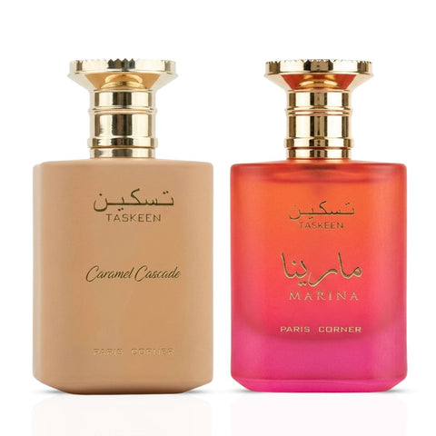 Bundle of Taskeen Caramel Cascade and Marina Eau de Parfum sprays by Paris Corner, showing two 100ml perfume bottles.