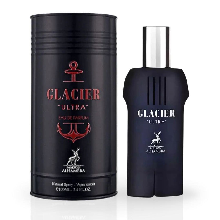Maison Alhambra Glacier Ultra Eau de Parfum spray 100ml bottle with elegant design and clear glass showcasing the perfume inside.
