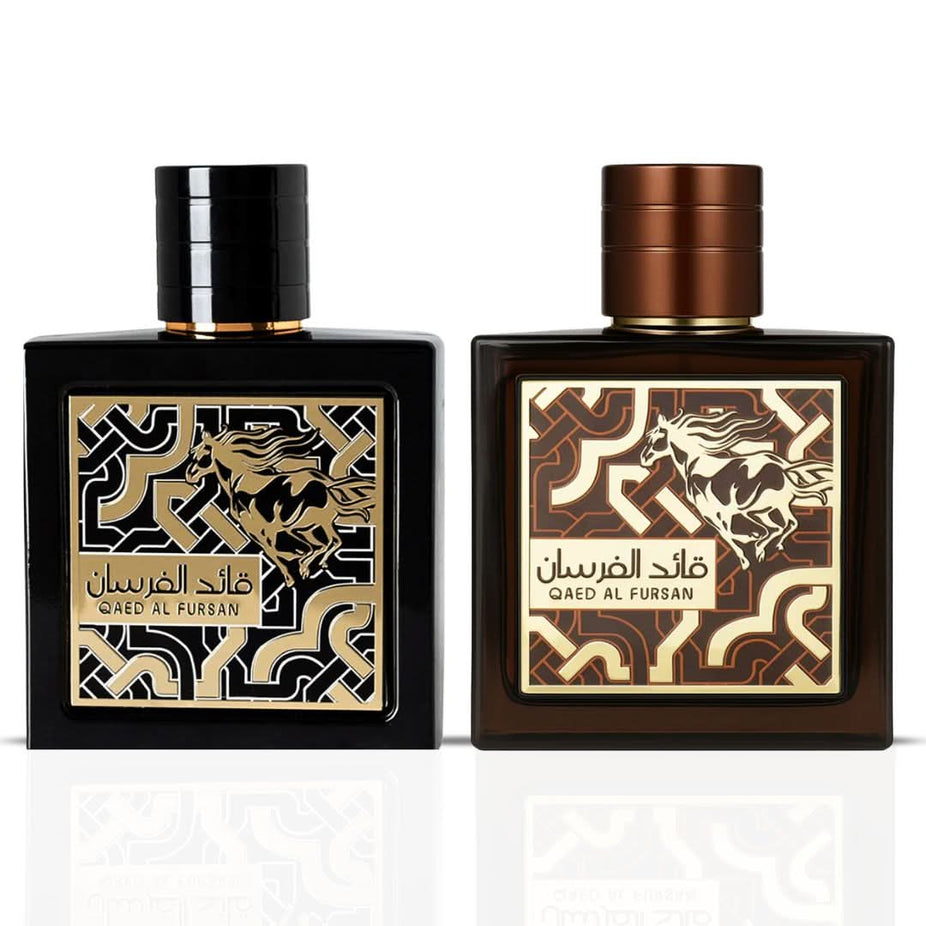 Lattafa Qaed Al Fursan and Untamed Eau de Parfum sprays bundle, 90ml each, featuring elegant bottles and stylish packaging.